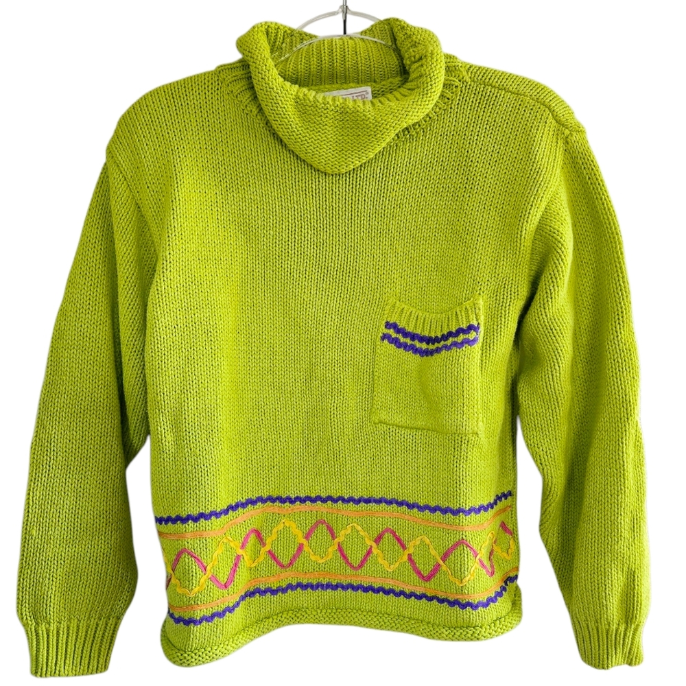Vintage Sugar Co. LTD Sweater Size M Chartreuse Green Pocket Knit Roll Neck